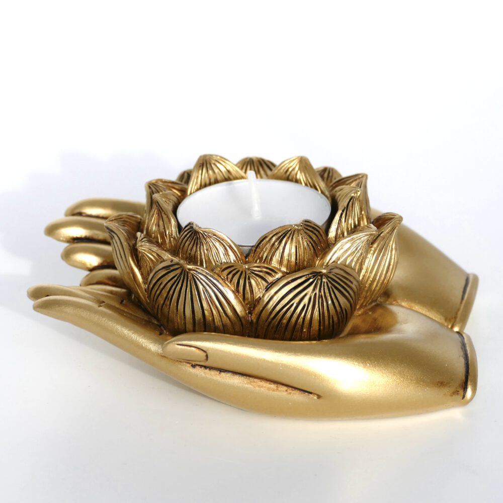 theelichthouder handen goud lotus bloem